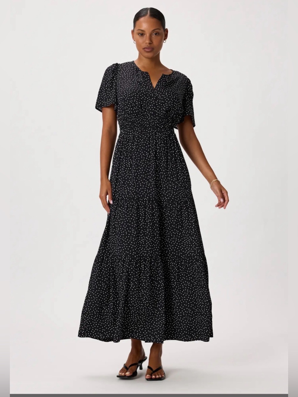 Quince Washable Stretch Silk Tiered Maxi Dress Tiny Dot Polka Dot Print Sz XS